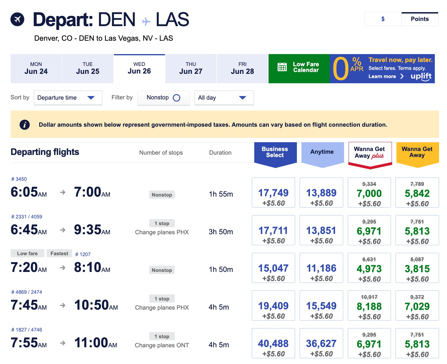 southwest denver to las vegas