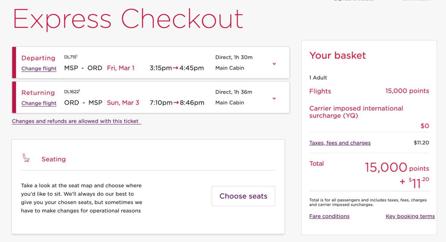 Delta flight from Minneapolis (MSP) to Chicago (ORD) booked through Virgin Atlantic