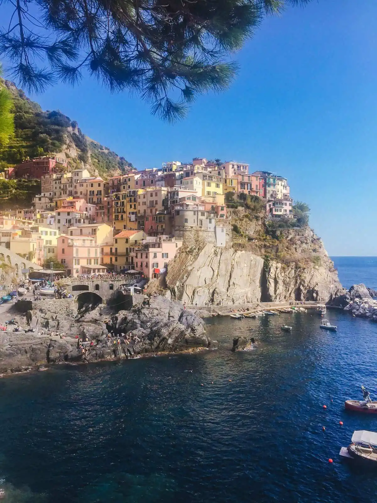 A view of the cliff side town of Manarola in Cinque Terre with buildings on the cliff side and water off the coast