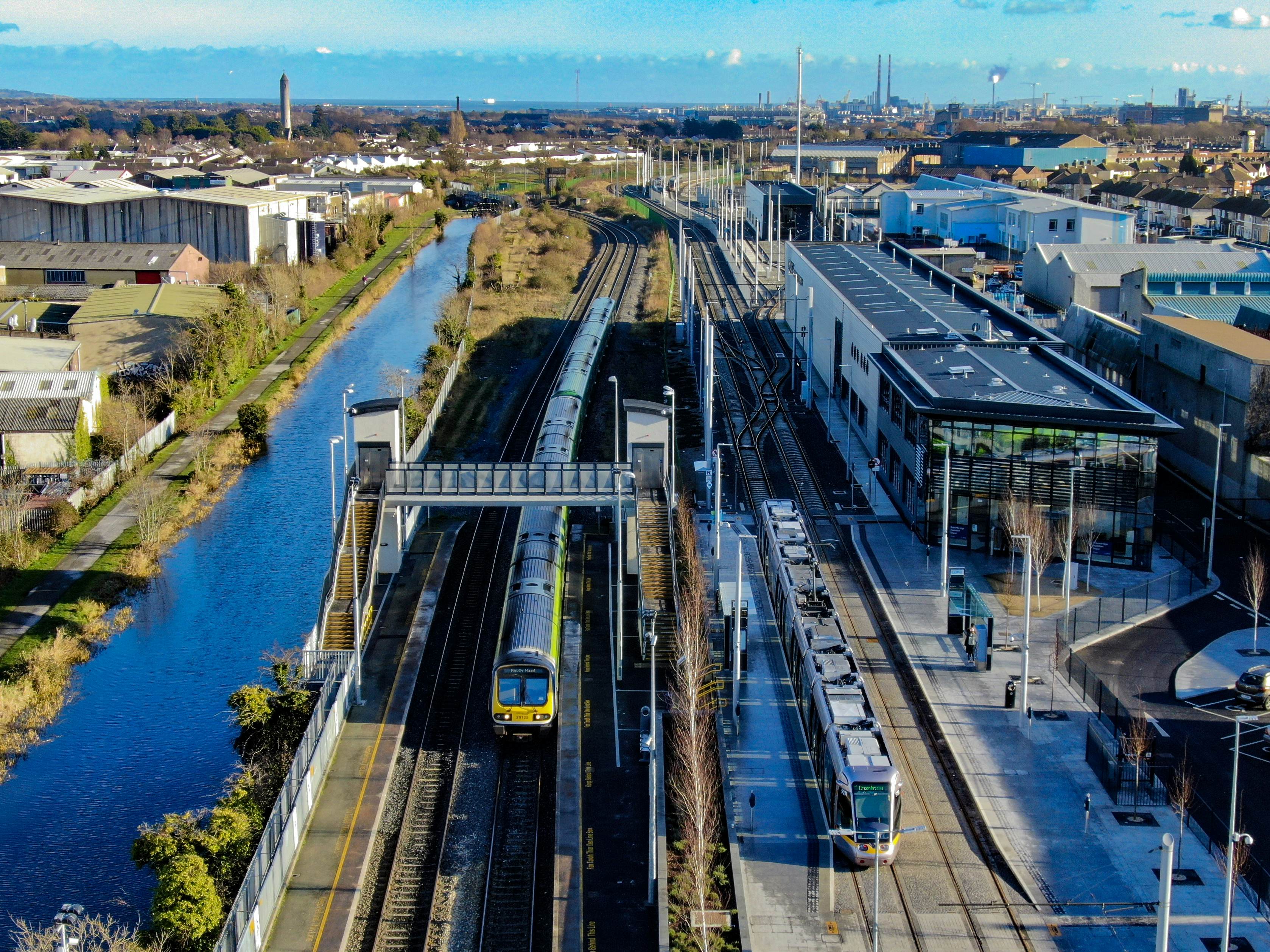 Overhead shot of trains on rails at a depot