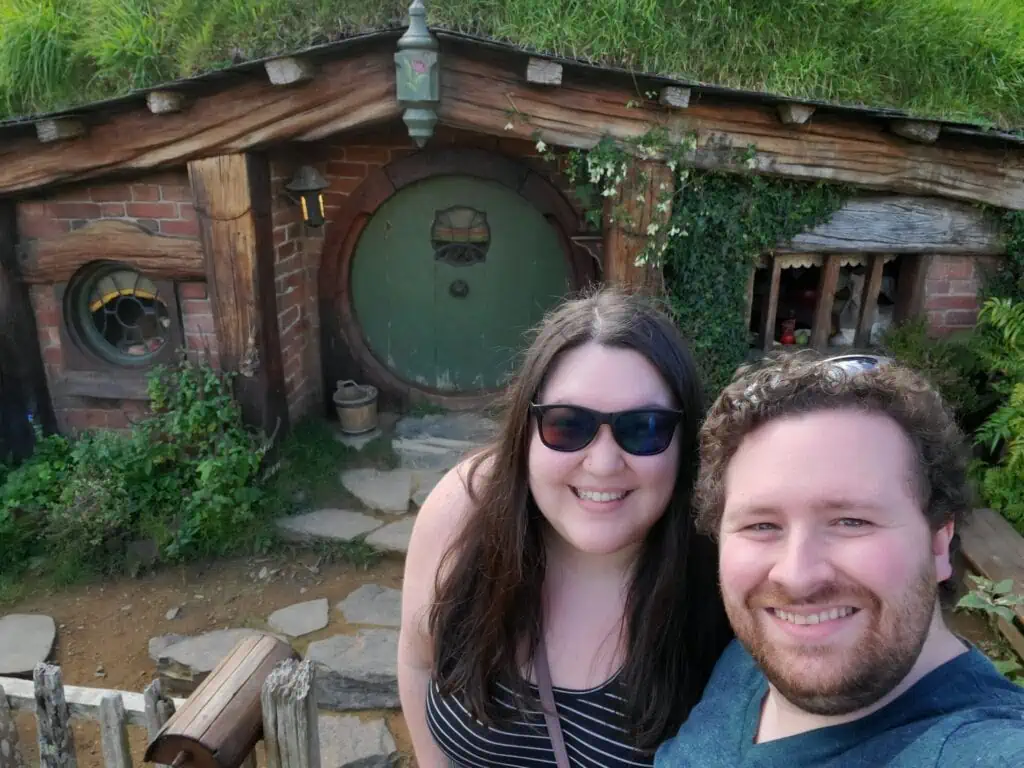 Riana and Colin selfie at Hobbiton in New Zealand