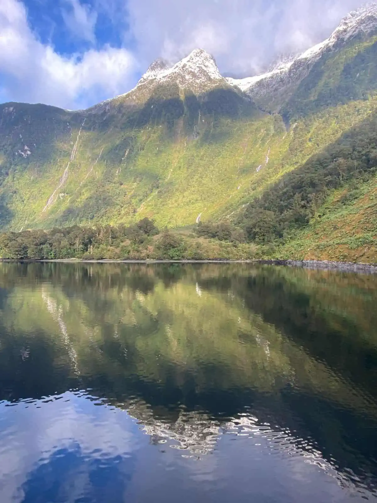 Reflection on the water at Doubtful Sound, New Zealand