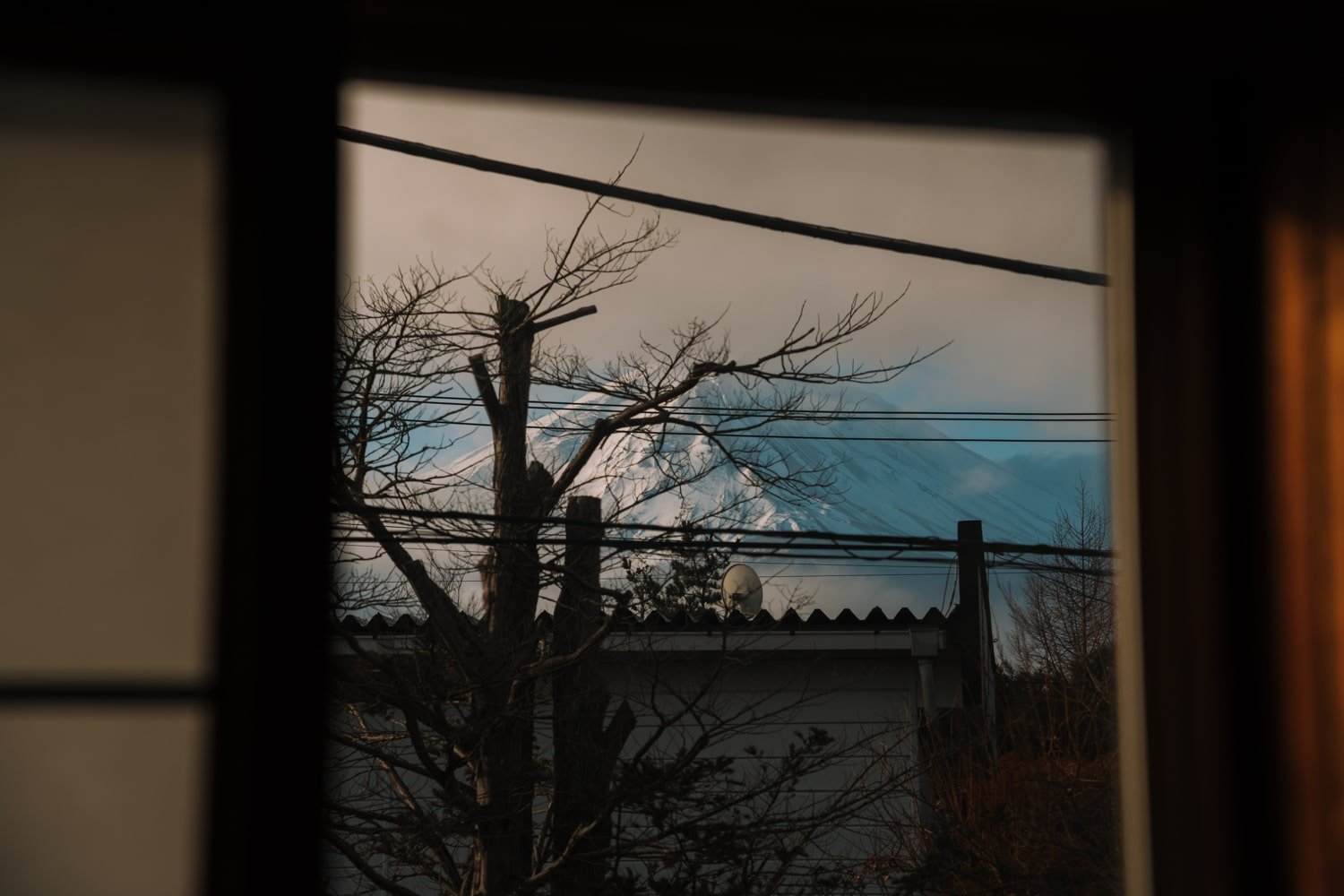 View of Mt. Fuji from a Japanese hotel room window in Fujikawaguchiko.