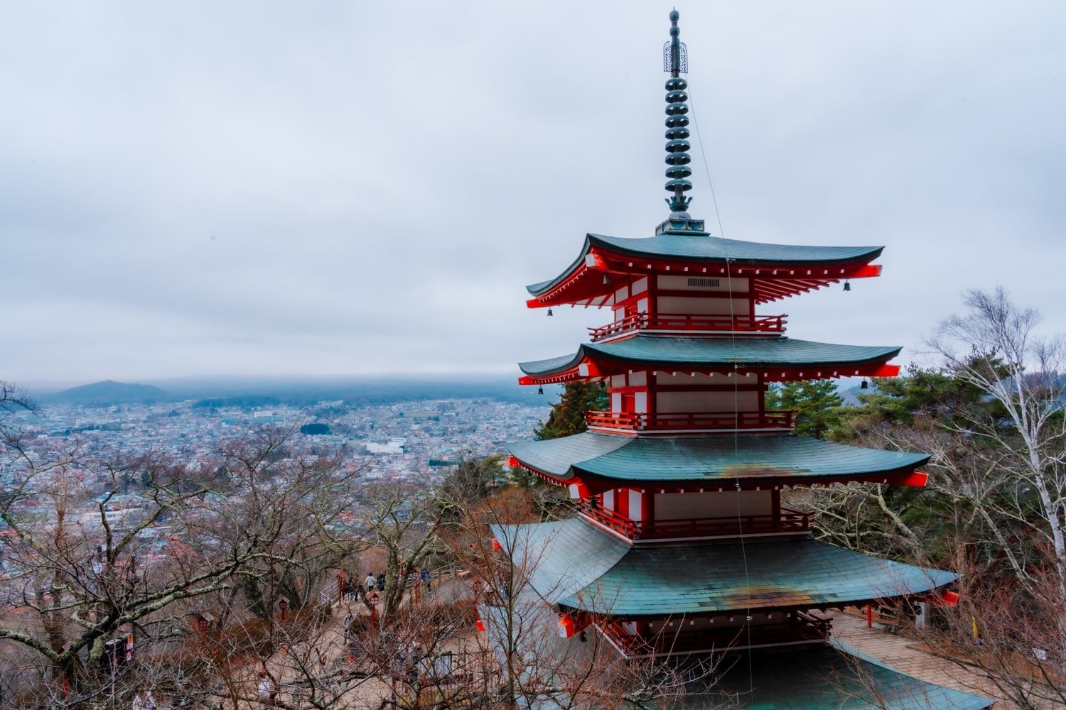 Chureito Pagoda in winter overlooking Fujiyoshida City near Mount Fuji, Japan.