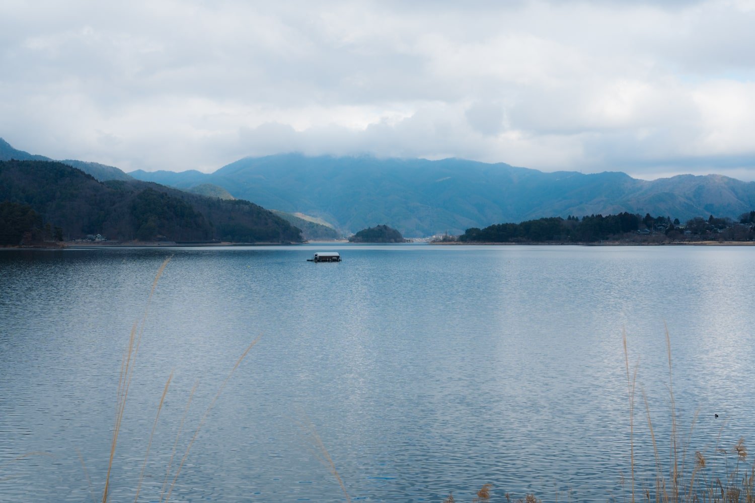 Lake Kawaguchiko on a cloudy day, Japan.