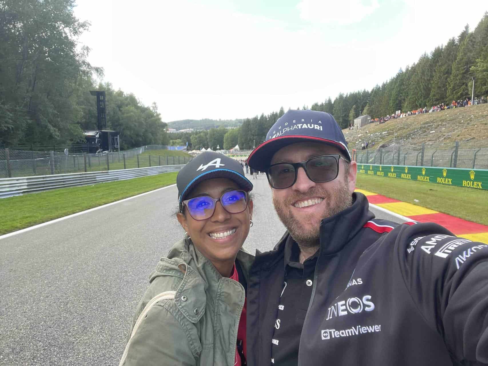 Cam and Ana taking a selfie on an F1 racetrack