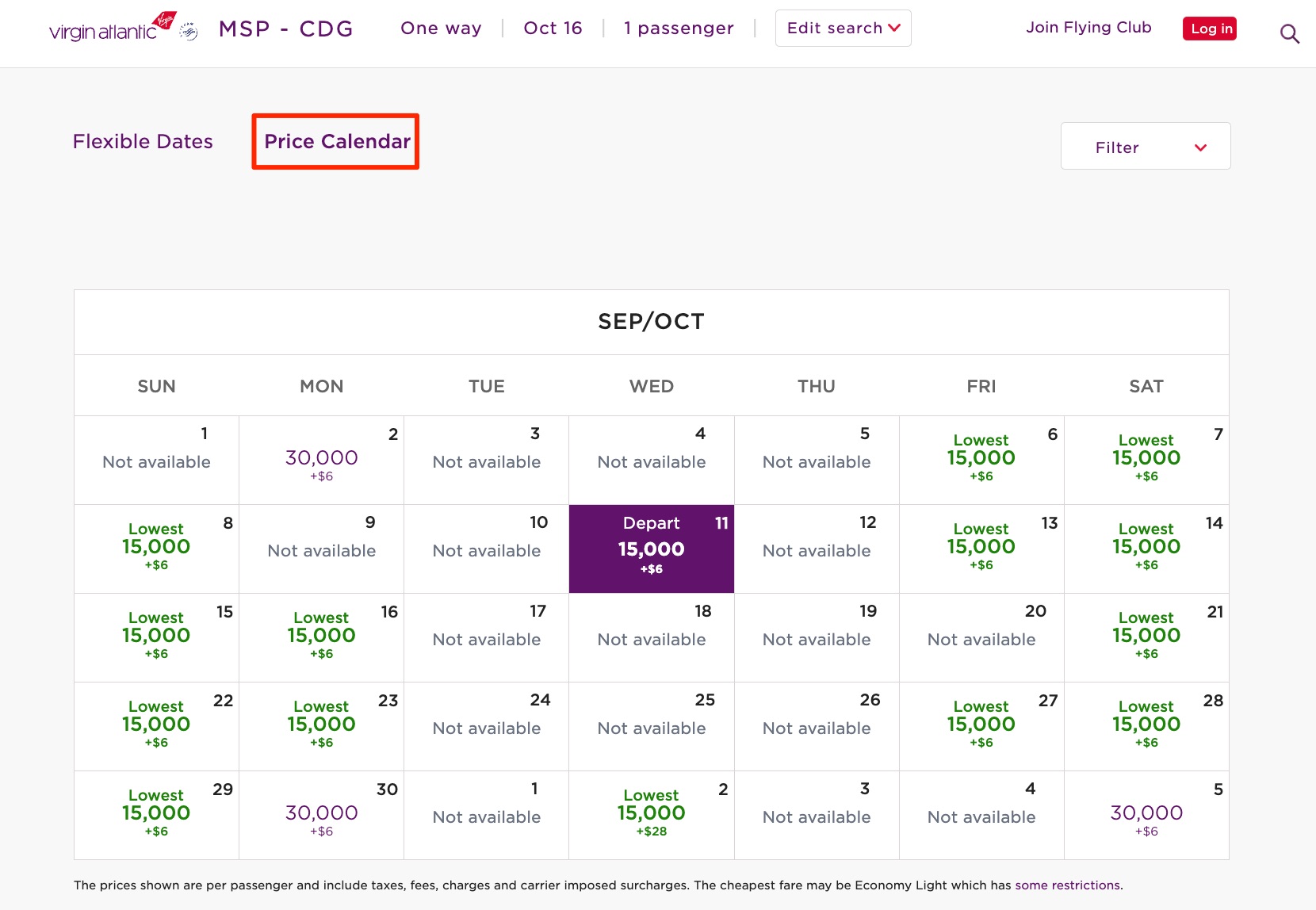 virgin atlantic price calendar