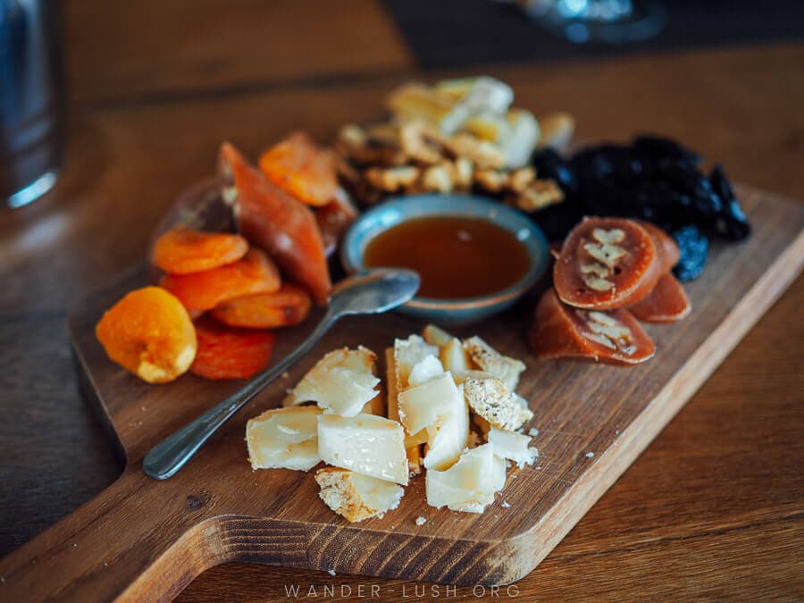 A tasting plate of cheese, churchkhela and other nibbles at a winery in Kakheti.