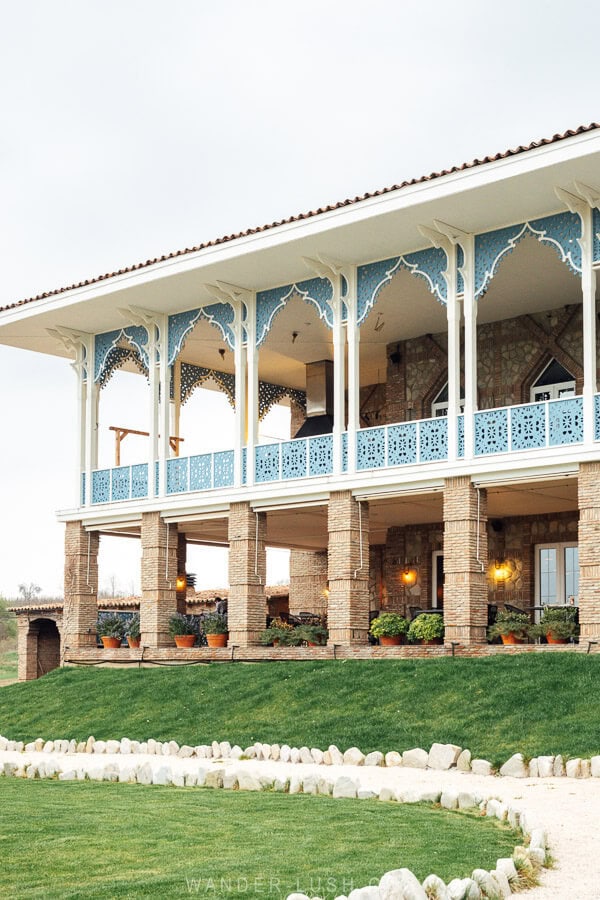 Dergi restaurant in Sighnaghi, with beautiful blue and white wooden balconies.