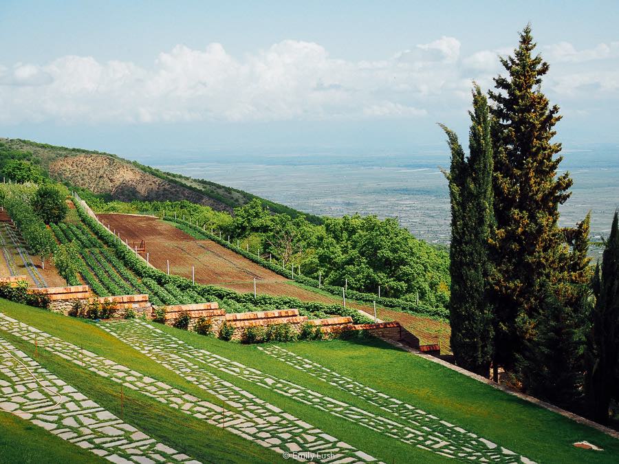 The grounds at Bodbe Monastery in Kakhet, a rolling green field and tall trees overlooking a mountain valley.