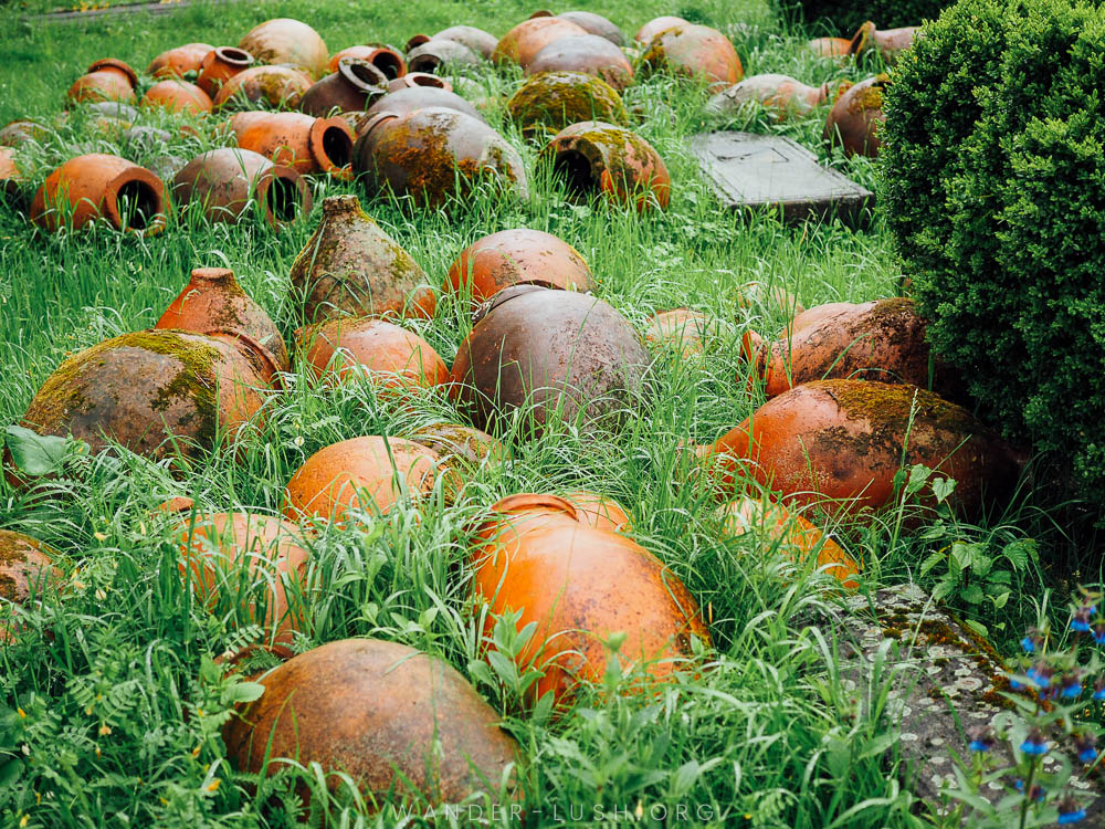 Clay Qvevri jars scattered amongst tall green grass.