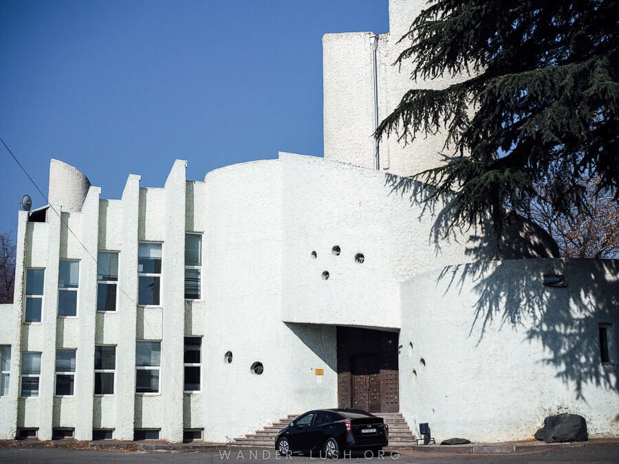 An unusual white modern building in Kvareli.