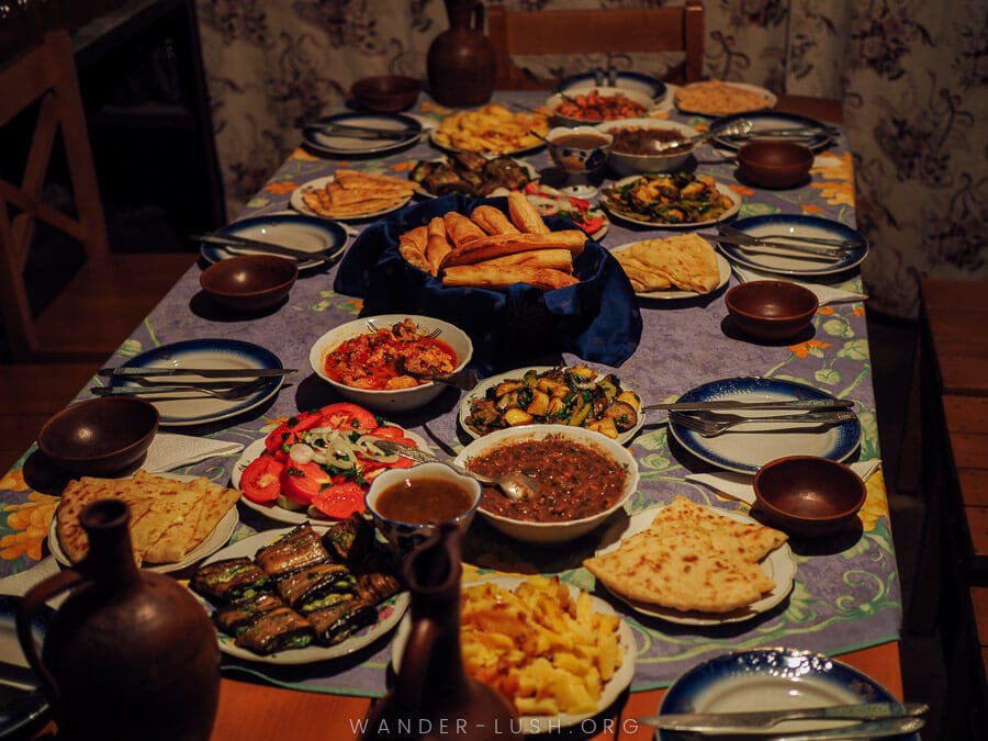 A table laid with food in Kakheti, Georgia.