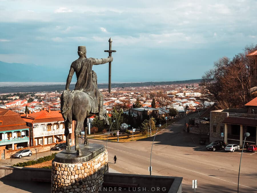 An equestrian statue overlooks the city of Telavi in Kakheti Wine Region.