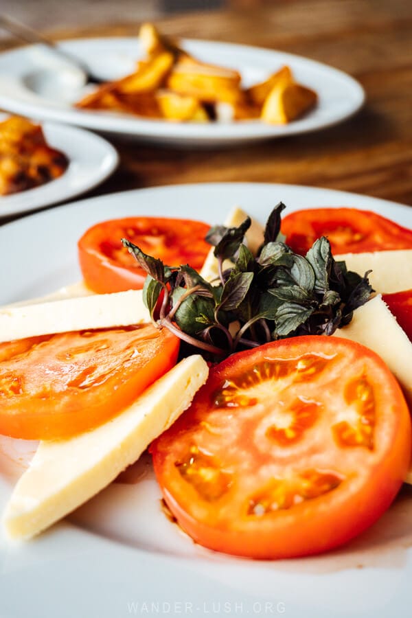 A simple tomato and cheese salad at Mosmieri Winery in Kakheti region.