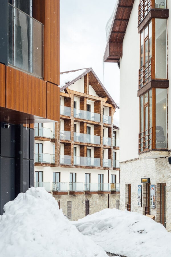 Chalet-style buildings in New Gudauri, Georgia.