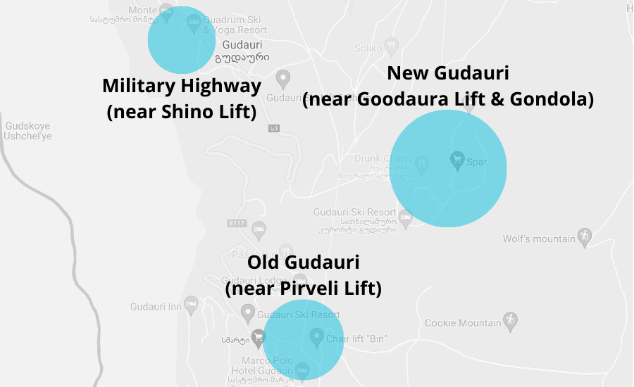 A map of where to stay in Gudauri, Georgia.