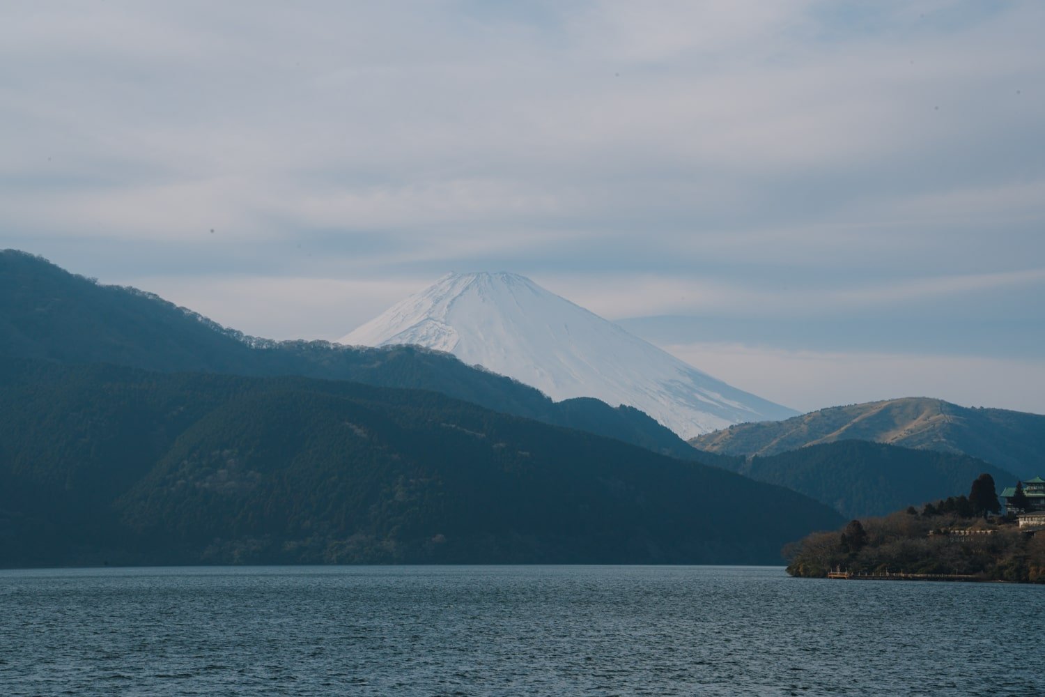 View of Mount Fuji from aboard the Lake Ashi cruise.