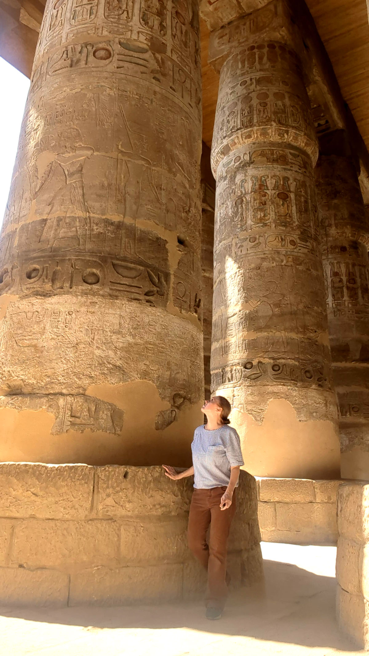 Dee walks while looking up at the hypostyle hall inside Karnak Temple filled with rows of enormous columns. 