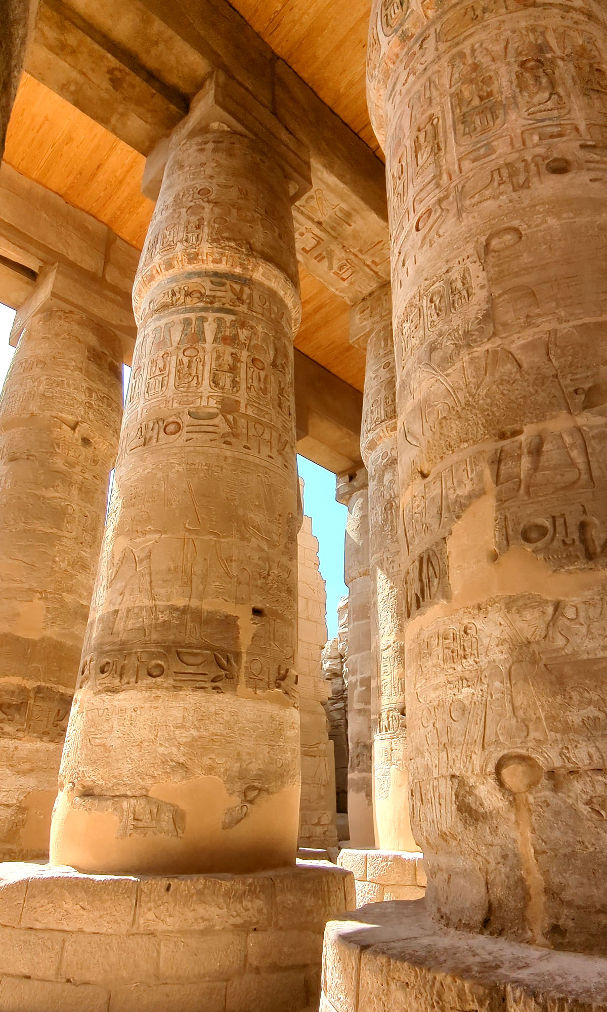 Enormous columns line the hypostyle hall inside Karnak Temple in Luxor. 