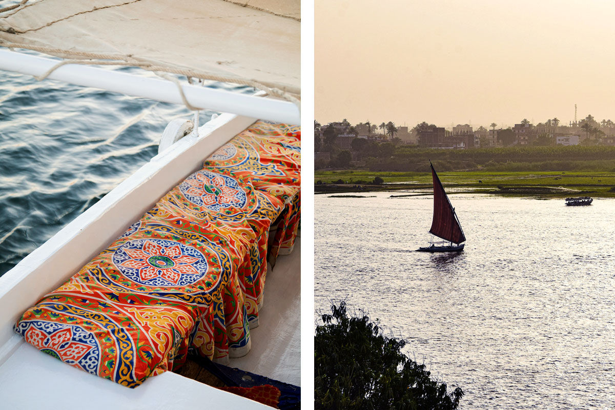 Two images show a felucca sailboat in Luxor. On the left are colorful cushions aboard the ship. On the right is a felucca sailing across the Nile against a backdrop of palm trees. 