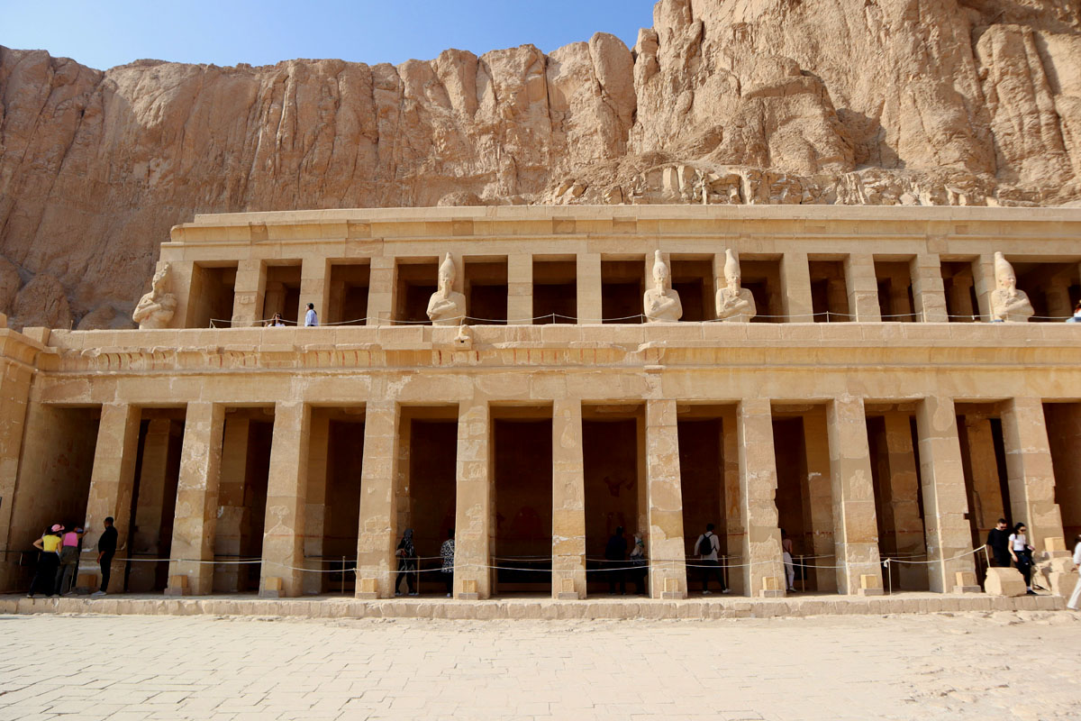 Columns run a straight line at the Hatshepsut Temple in Luxor, Egypt.