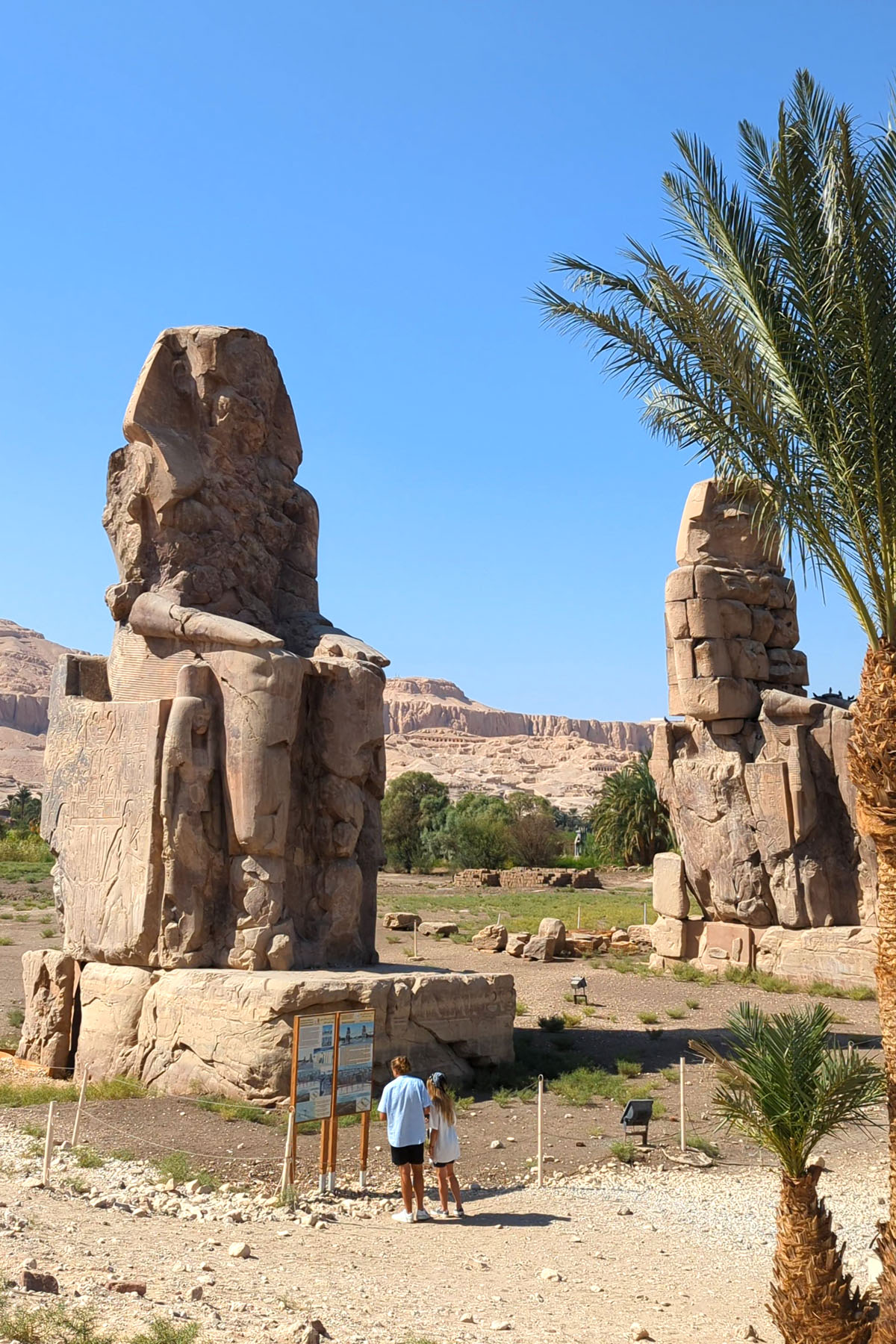 Two enormous statues known as the Colossi of Memnon stand at the entrance of the temple of Amenhotep in Luxor. There are hills behind them and a palm tree in the foreground. Two people look at a sign in front of the statues.