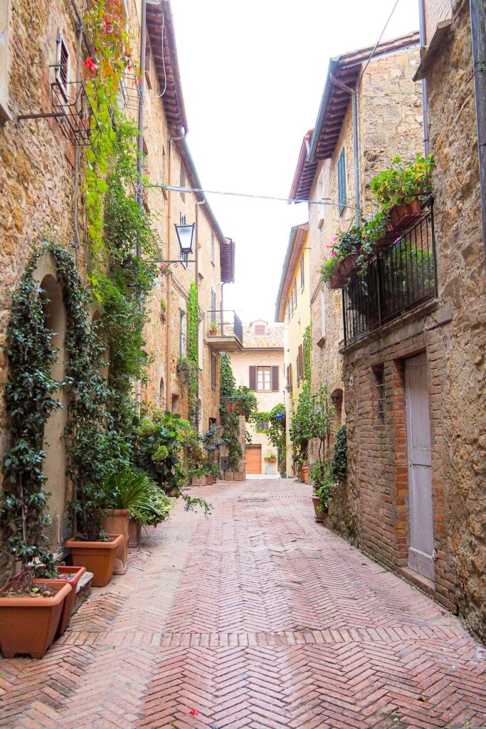 Rustic cobblestone street with traditional stone houses and lush greenery in Pienza, Italy.