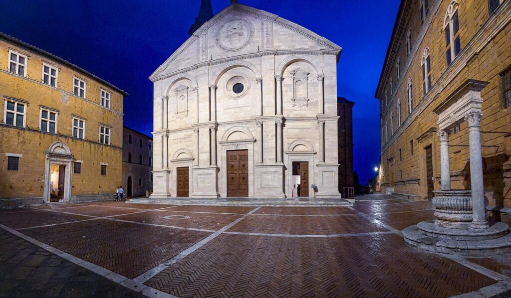 Piazza Pio II at Night in Tuscany, Pienza - UNESCO World Heritage site with Renaissance architecture and historic charm captured in high-resolution photograph.