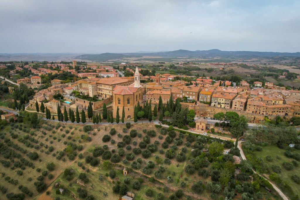 Aerial view of Pienza, Tuscany: Historic architecture and charming streets of UNESCO World Heritage Site nestled in the heart of Tuscany, Italy
