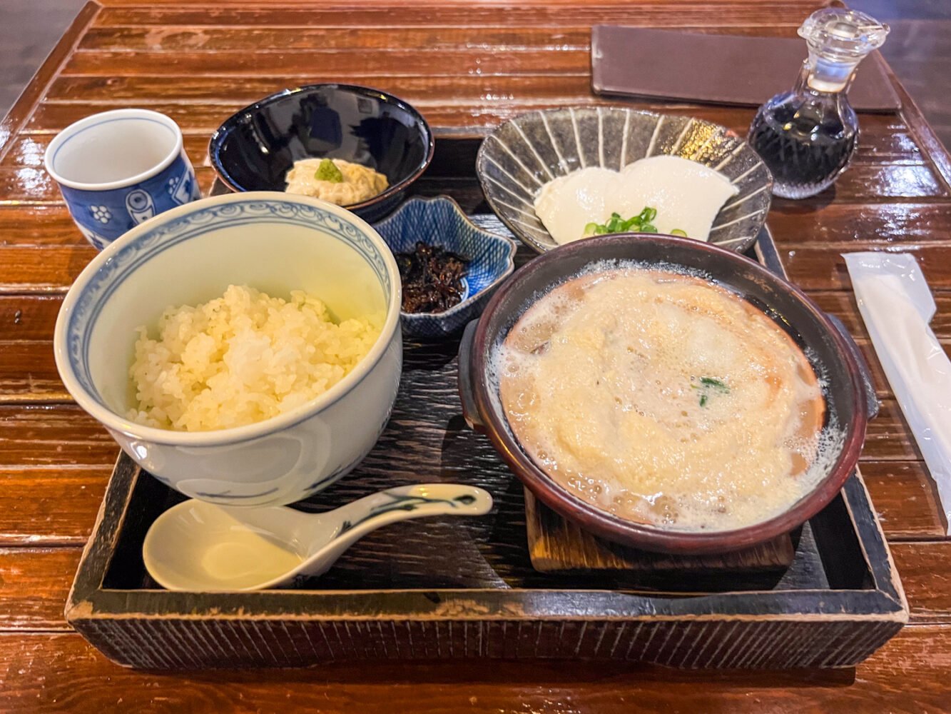 Yuba-don tofu skin egg soup platter with bowl of rice, soybean curd, and yuba tofu skin.