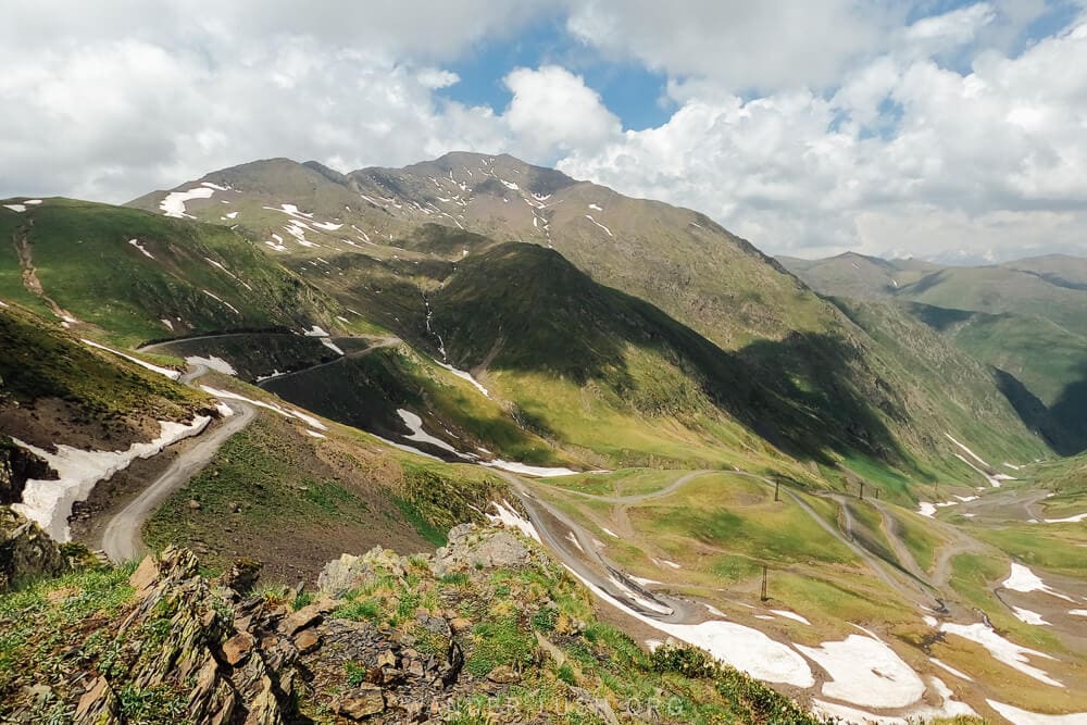 View of a winding serpentine road in Tusheti, Georgia. The only way to travel from Tbilisi to Tusheti.