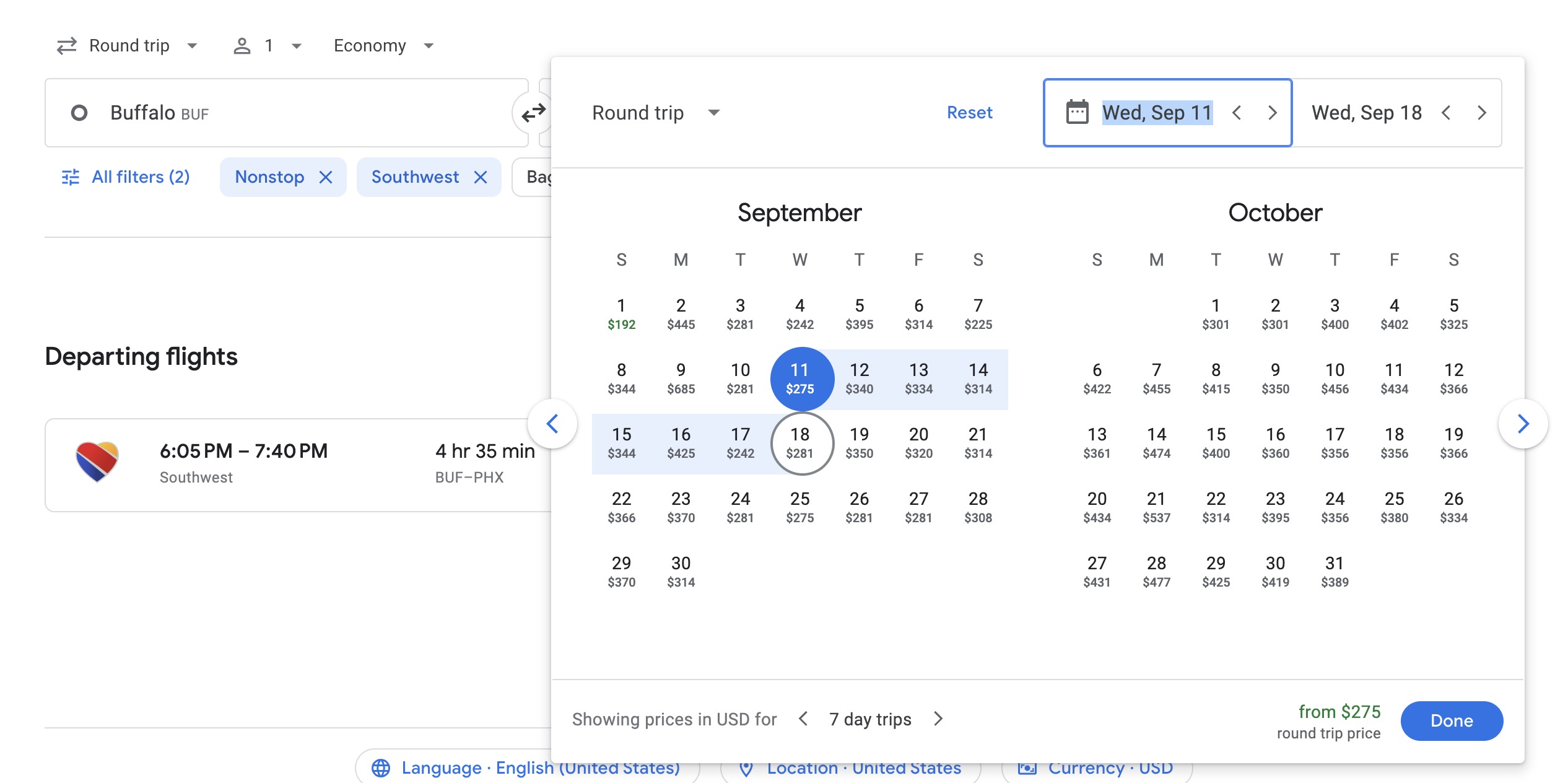 Nonstop Google Flights Calendar