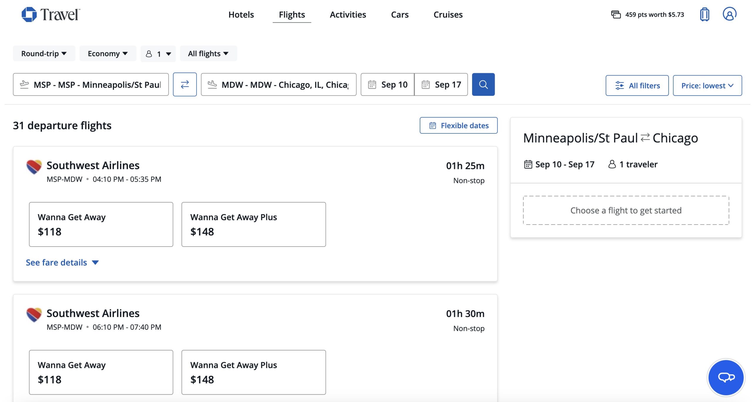 Southwest fares bookable with Chase