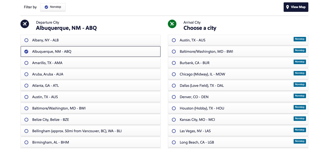 Southwest route list