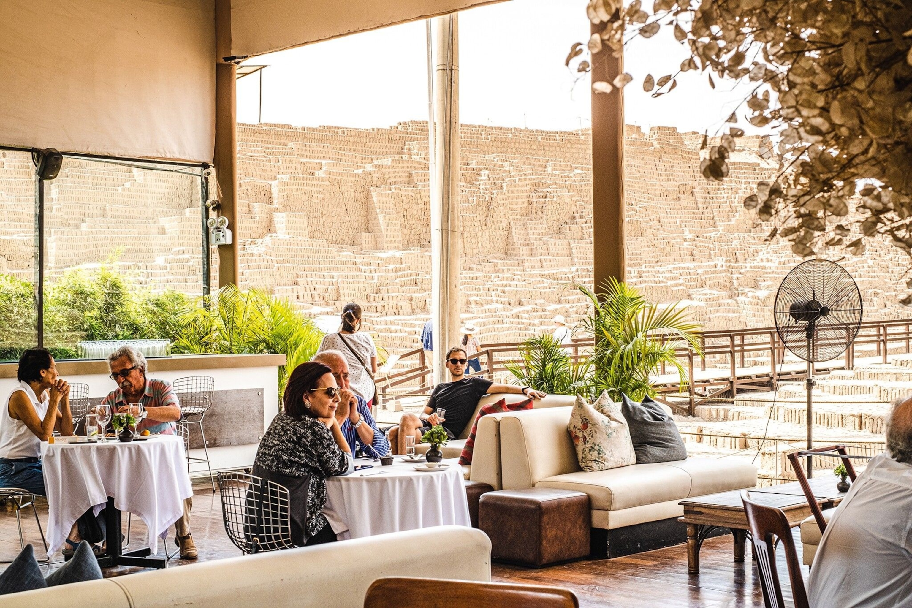 Restaurant, with views of a pre-Incan pyramid.