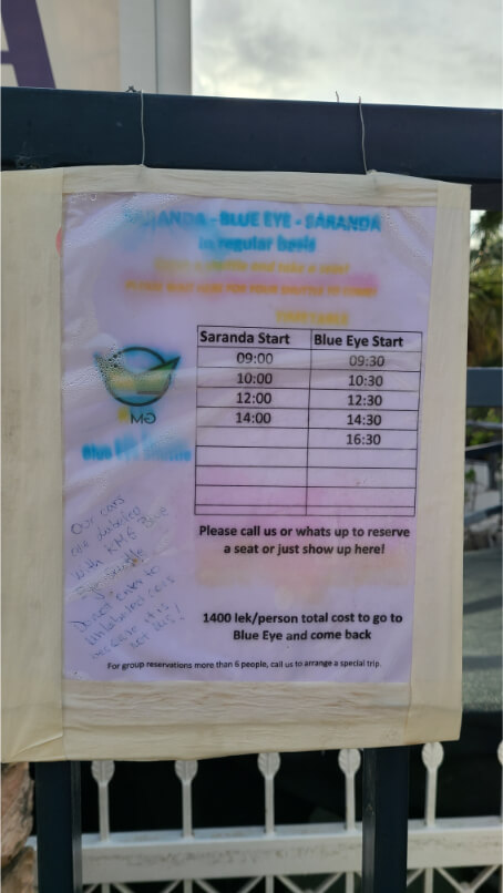 The early season schedule for the shuttle to Blue Eye shows departures from Saranda at 9, 10, 12, and 2 with returns from Blue Eye 30 minutes later. One additional return time at 4:30 pm.