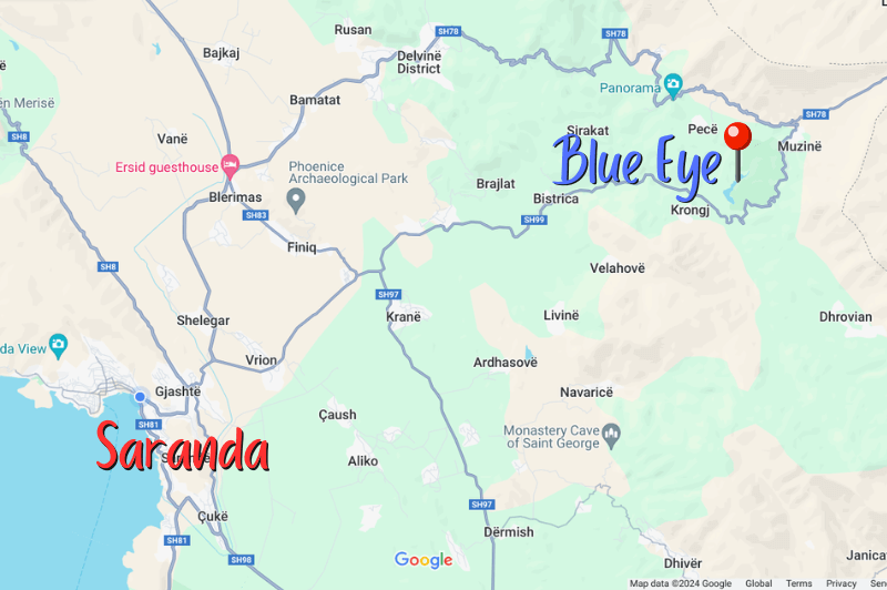 Saranda and Blue Eye marked on a map.