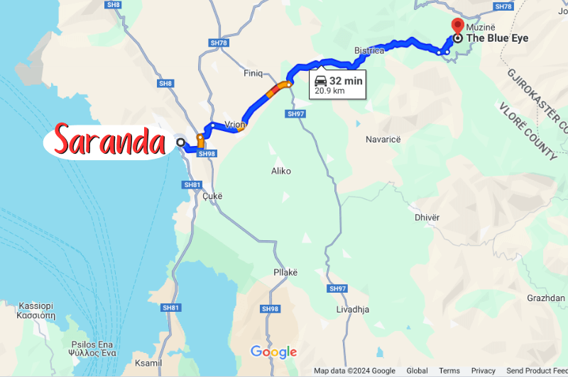 Saranda to Blue Eye driving directions on a map