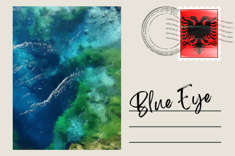 Graphic of a Postcard with a photo of Blue Eye and a stamp with the Albanian flag