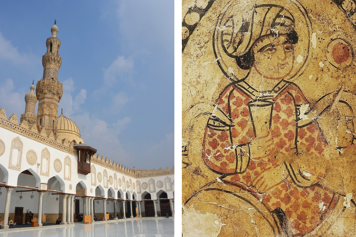 Two images show Fatimid architecture. On the left is Azhar Mosque with white columns and an ornate minaret. On the left is a painted seated figure wearing a bright shirt and a turban.
