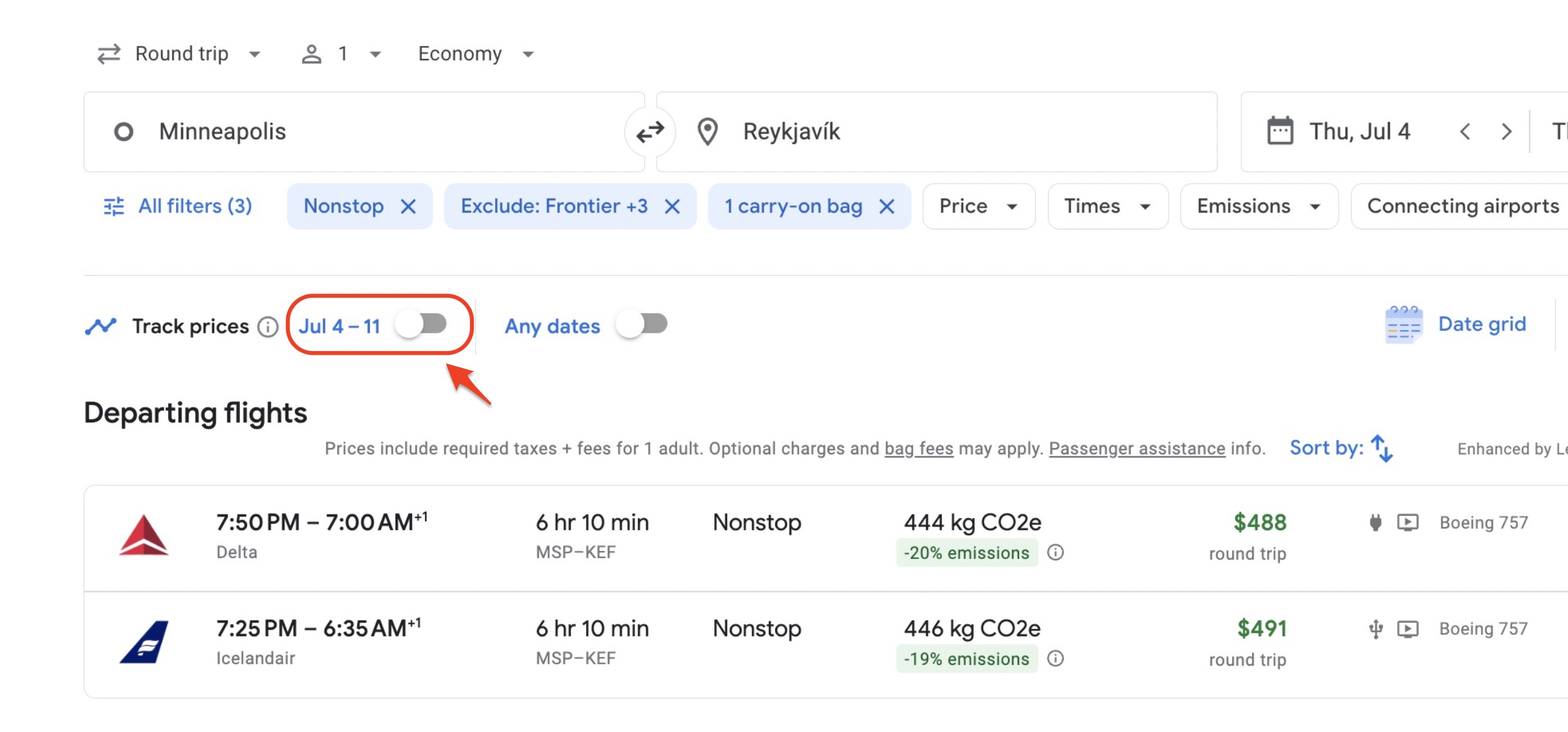 Google Flights price alert