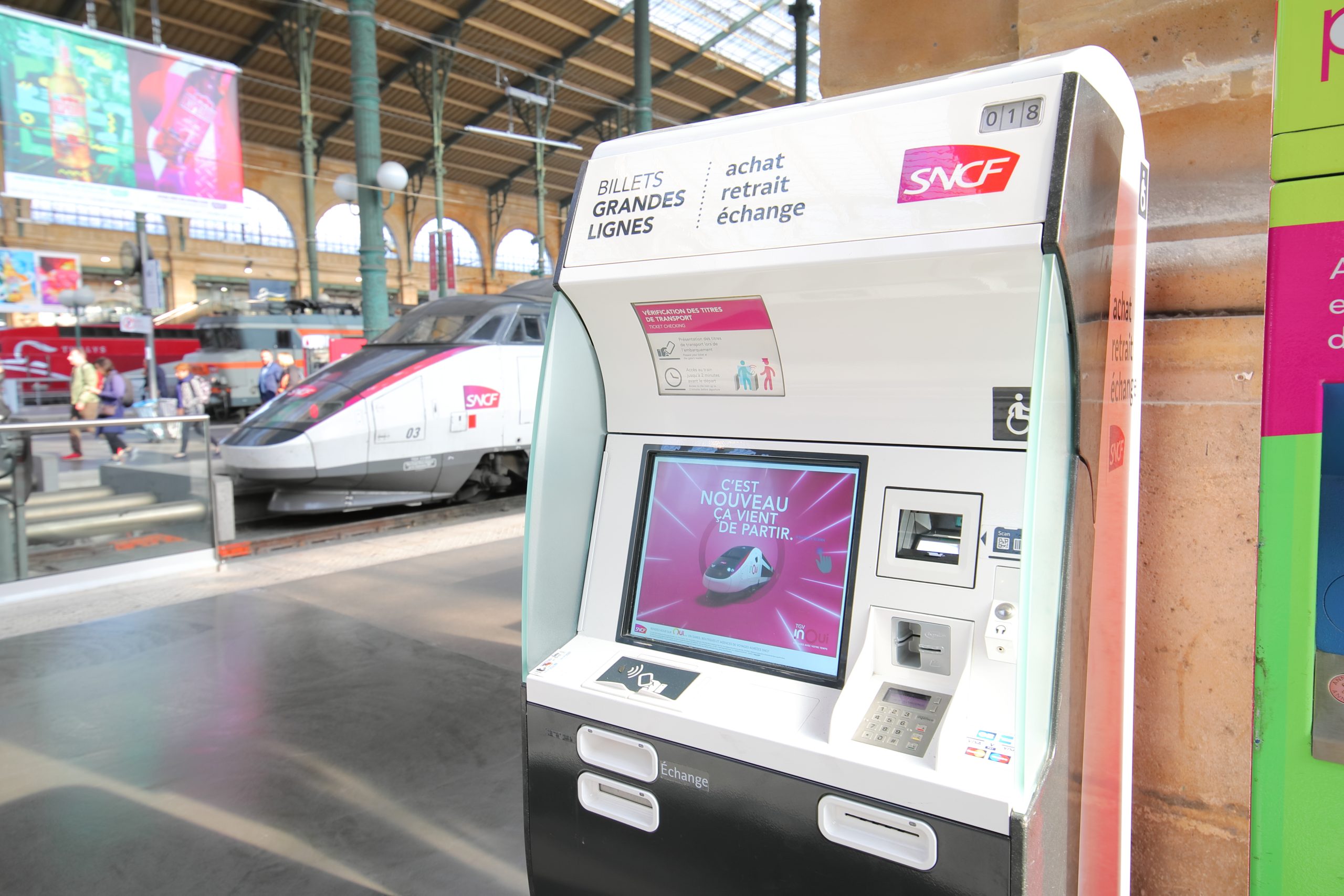 Gare du Nord train station ticket vending machine in Paris, France.