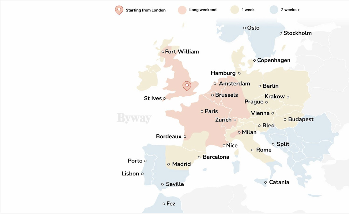 Byway map illustrating possible destinations from London based on vacation duration (Source: Byway)