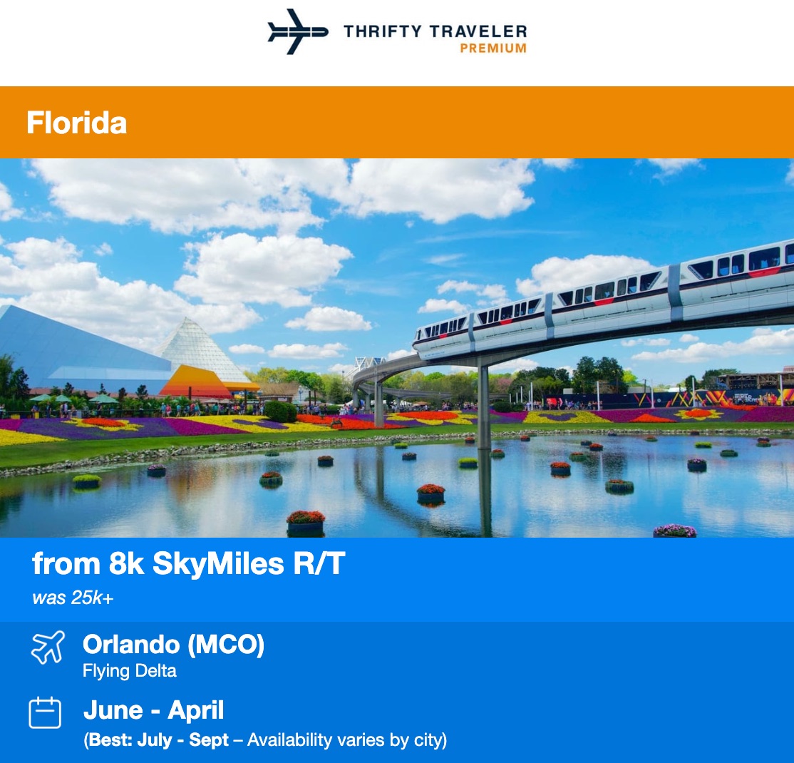 Delta SkyMiles Orlando Thrifty Traveler Premium flight deal