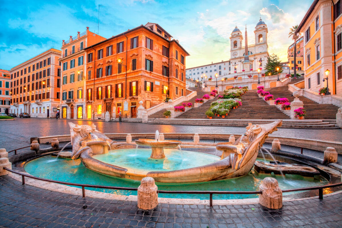 Piazza di Spagna, Rome, as seen beside the fountain and below the Spanish Steps.