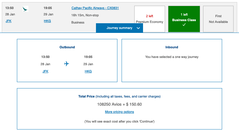 New York to Hong Kong Cathay Pacific biz class using British Airways Avios