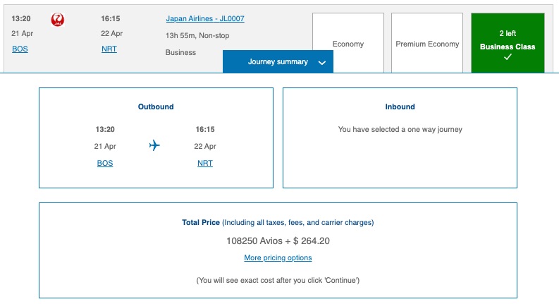 JAL BOS-NRT award flight booked through British Airways