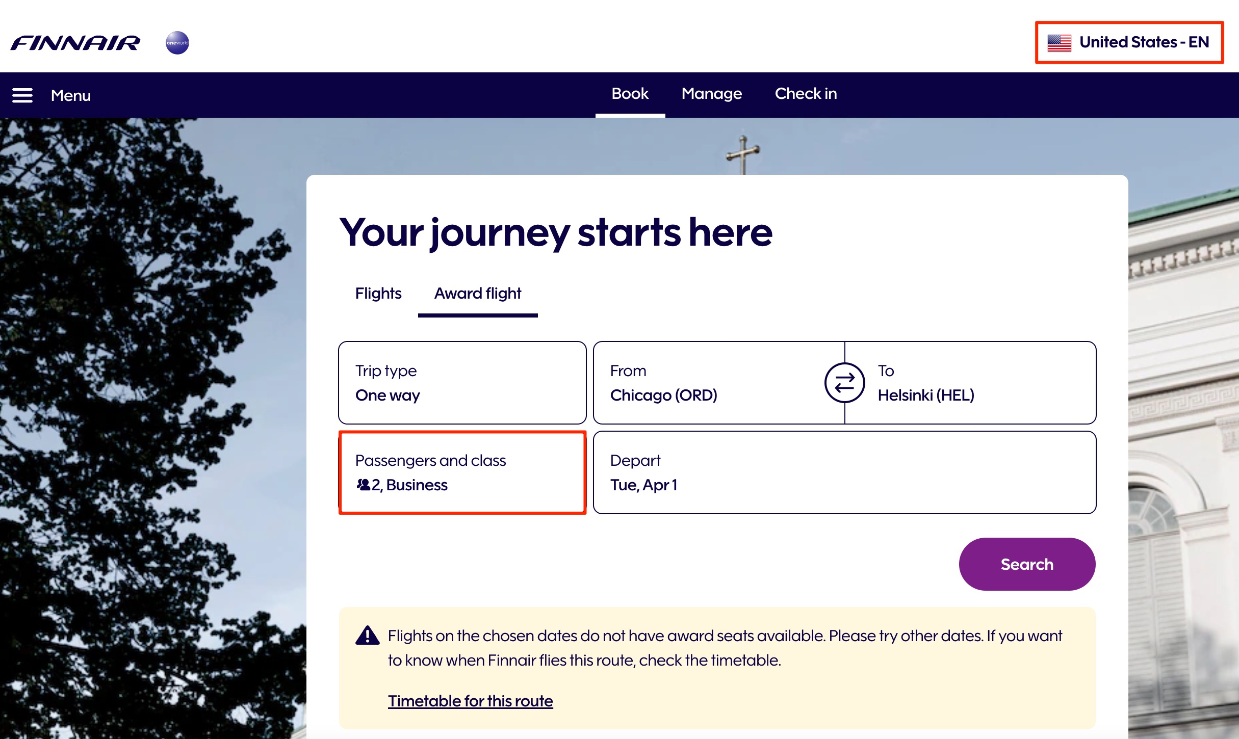 Finnair ORD-HEL search from US
