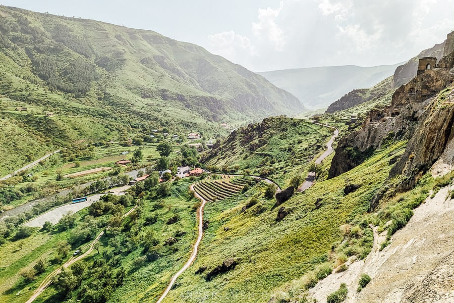 A panorama of the Mtkvari River viewed from Vardzia cave town in Georgia.